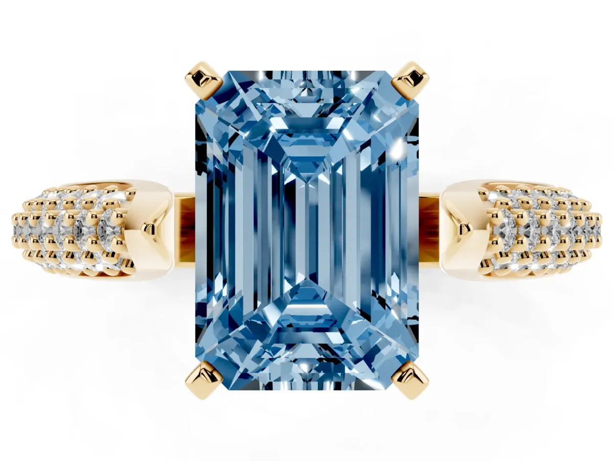 Fancy Blue Emerald Cut Diamond Solitaire Engagement Ring with Multi-Row Round Pavé Band and Prong Setting Yellow gold