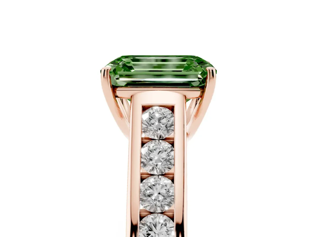 Fancy Green Emerald Cut Solitaire Channel-Set Diamond Engagement Ring with Four-Prong Setting Rose gold