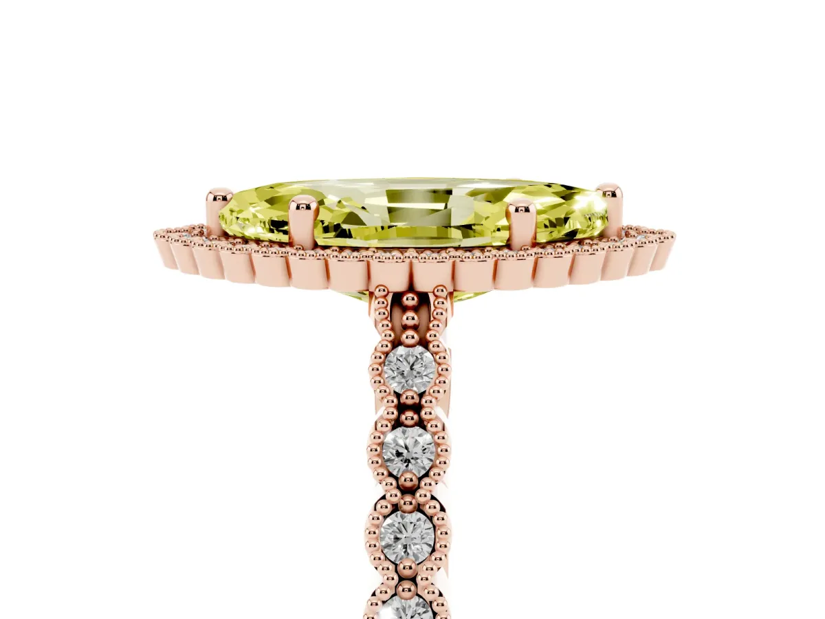 Fancy Yellow Marquise Cut Cut Halo Pavé Solitaire Ring with Milgrain Band Rose gold