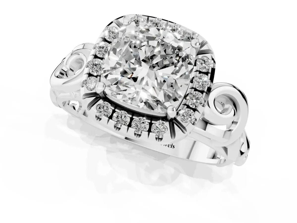 Cushion Cut Cut Halo Diamond Ring with Scrollwork Band and Four-Prong Setting Platinum