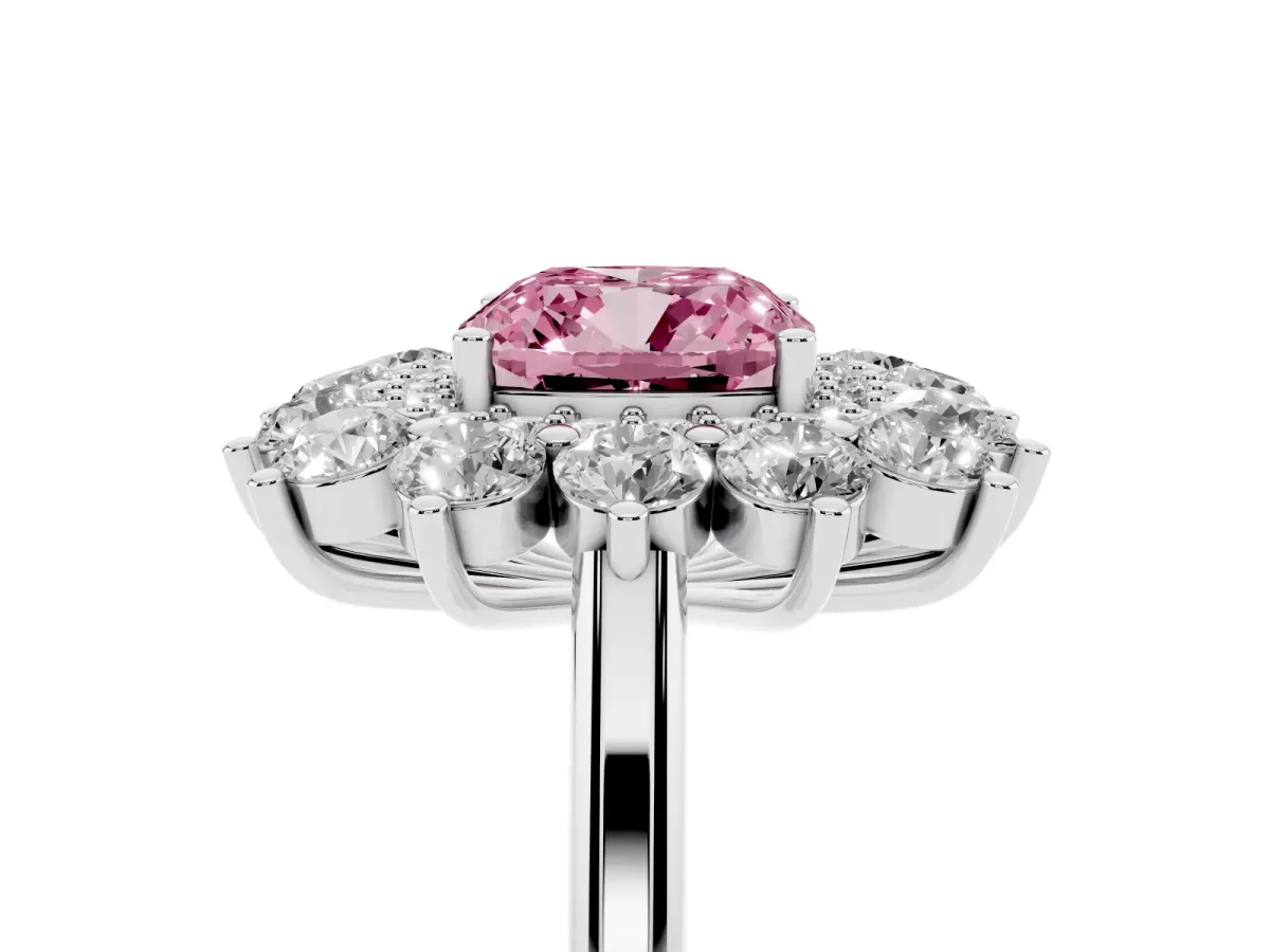 Fancy Pink Cushion Cut Diamond Floral Double Halo Engagement Ring with Prong Setting Silver
