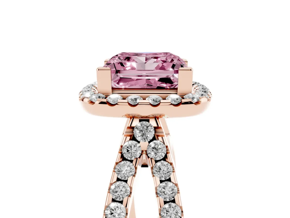 Fancy Pink Princess Cut Diamond Halo Ring with Split Shank Pavé Band and Prong Setting Rose gold