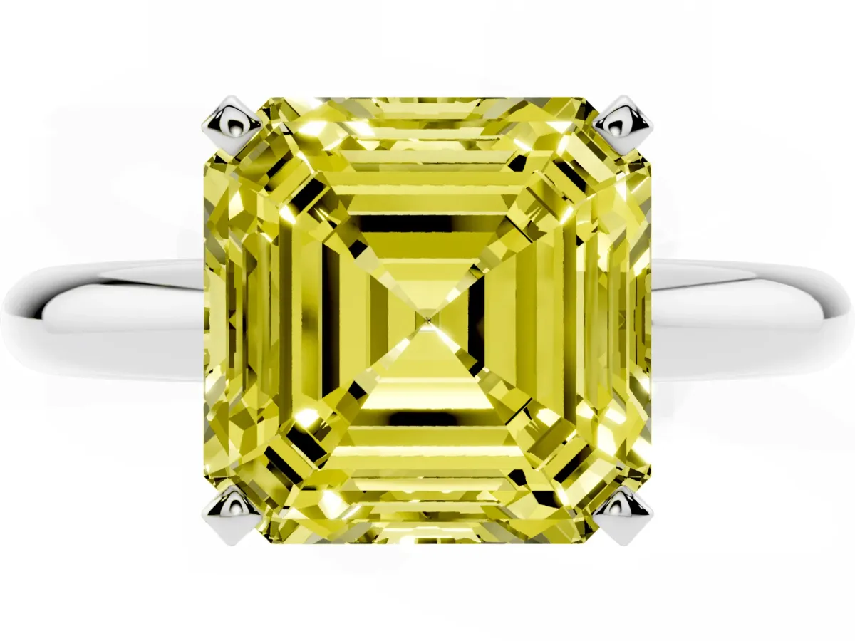 Fancy Yellow Asscher Cut Diamond Solitaire Engagement Ring with Round Band and Four-Prong Setting Silver