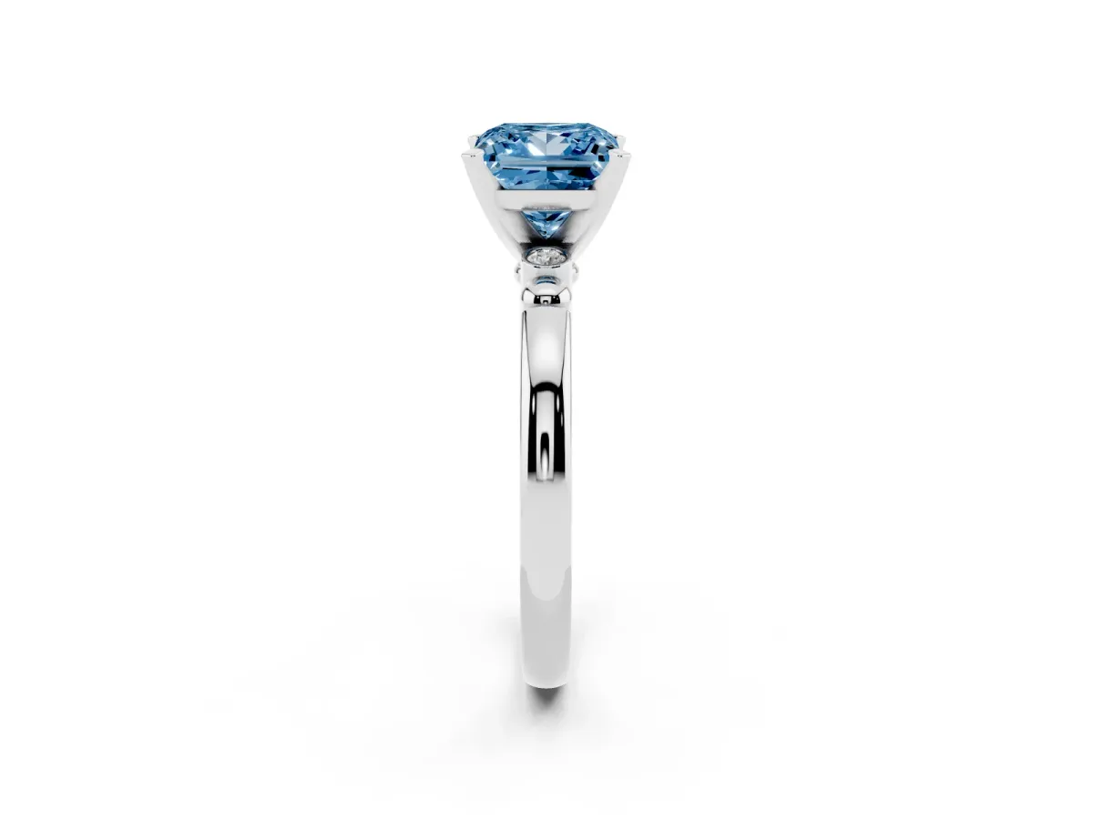 Fancy Blue Princess Cut Solitaire Beaded Band with Four-Prong Setting White gold