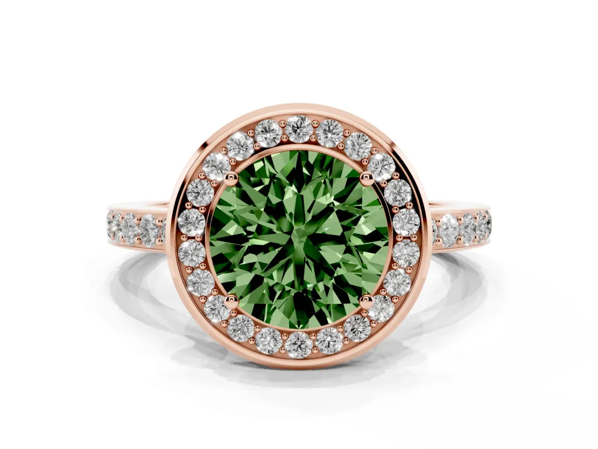 Fancy Green Round Cut Diamond Halo Ring with Bezel Frame and Pavé Band Rose gold