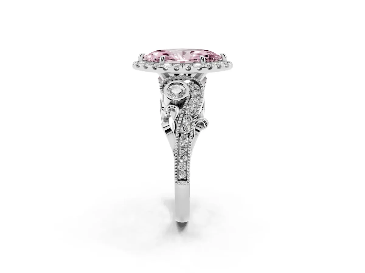 Fancy Pink Marquise Cut Diamond Halo Ring with Milgrain Pavé Band and Four-Prong Setting Silver