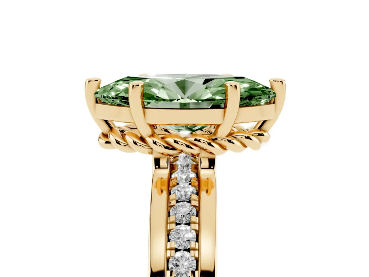 Fancy Green Marquise Cut Solitaire Diamond Ring with Channel Set Band and Six-Prong Setting Yellow gold