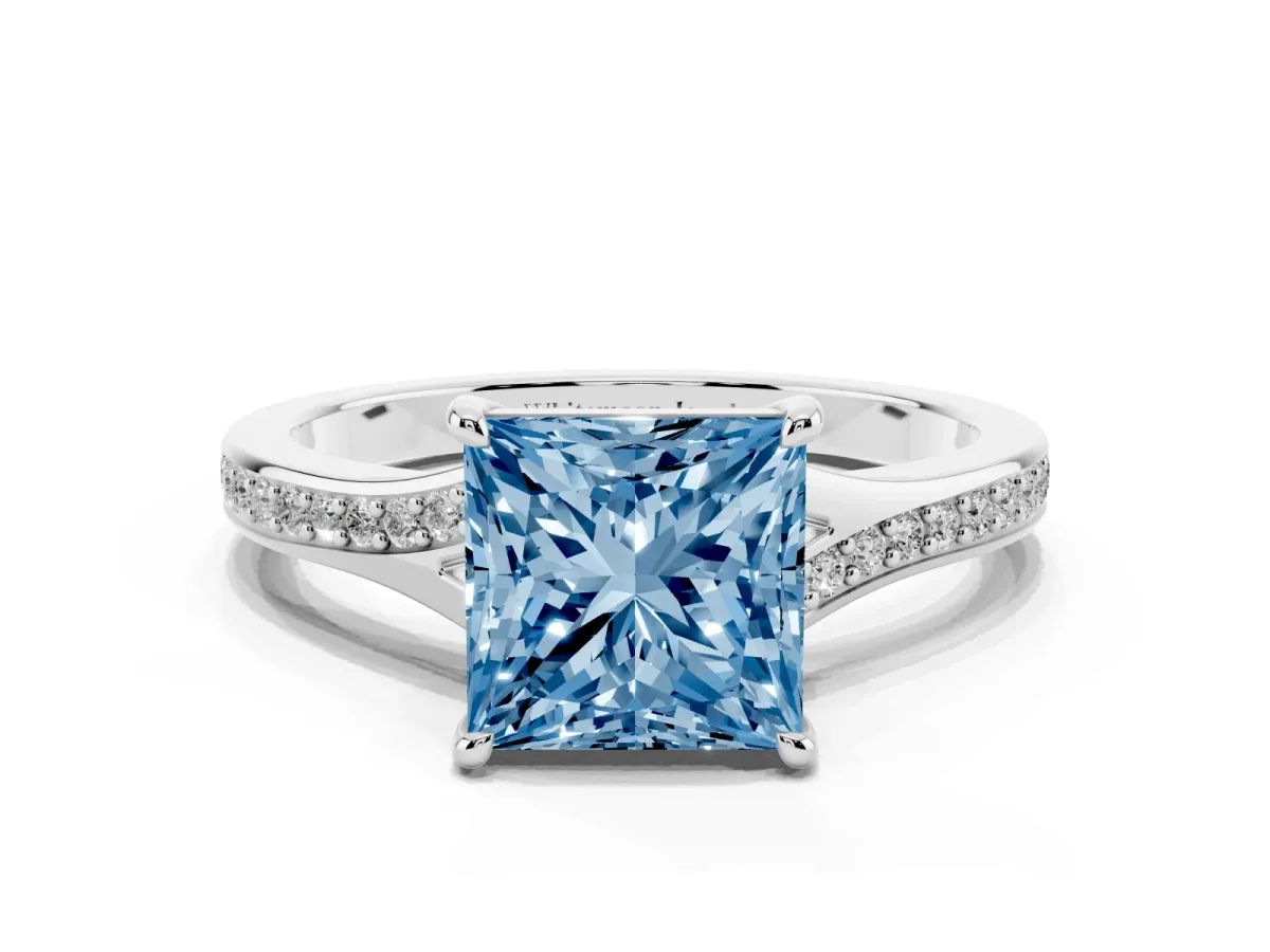 Fancy Blue Princess Cut Diamond Solitaire Ring with Pavé Band and Prong Setting Silver
