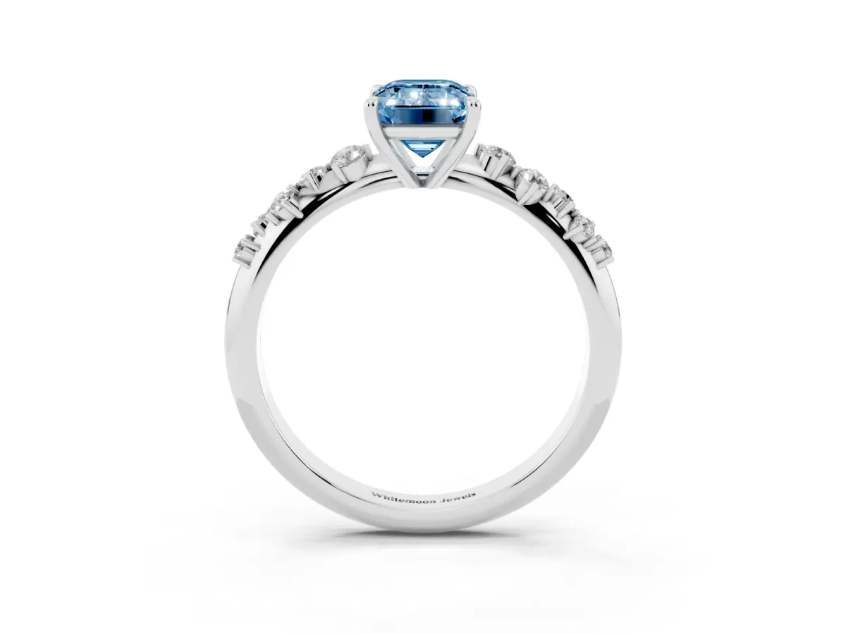 Fancy Blue Emerald Cut Diamond Cluster Side Stone Solitaire Ring with Prong Setting Platinum