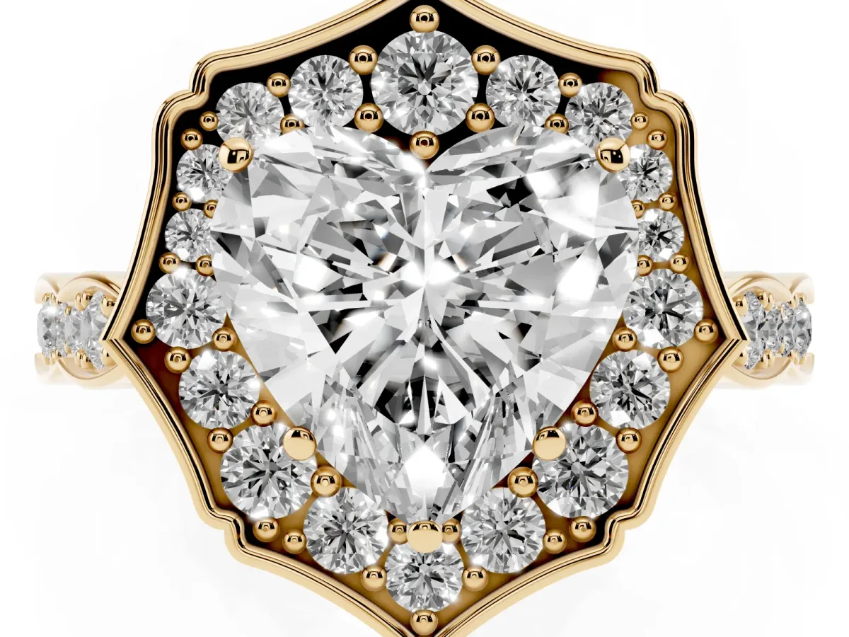 Heart Cut Halo Diamond Engagement Ring with Milgrain Band and Four-Prong Setting Yellow gold