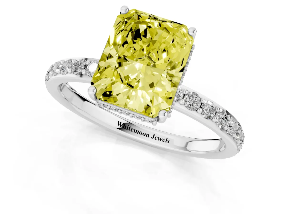 Fancy Yellow Radiant Cut Diamond Solitaire Ring with Pavé Band and Hidden Halo Platinum