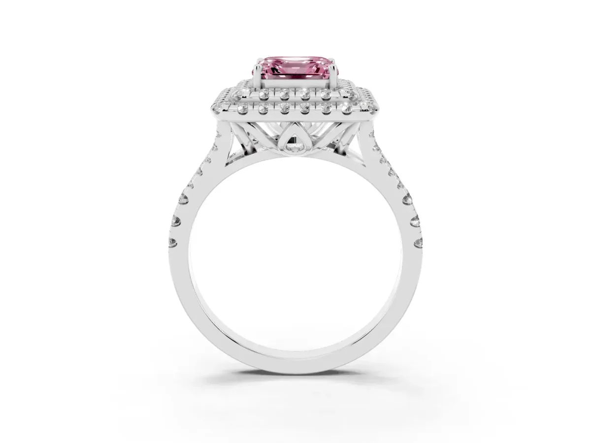 Fancy Pink Double Halo Asscher Cut Diamond Pavé Split Shank Ring with Prong Setting Silver