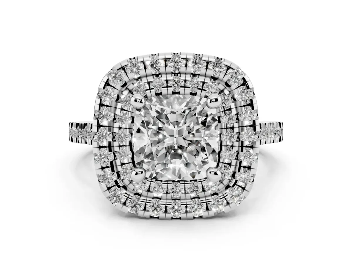Double Halo Cushion Cut Diamond Pavé Band with Four-Prong Setting Silver