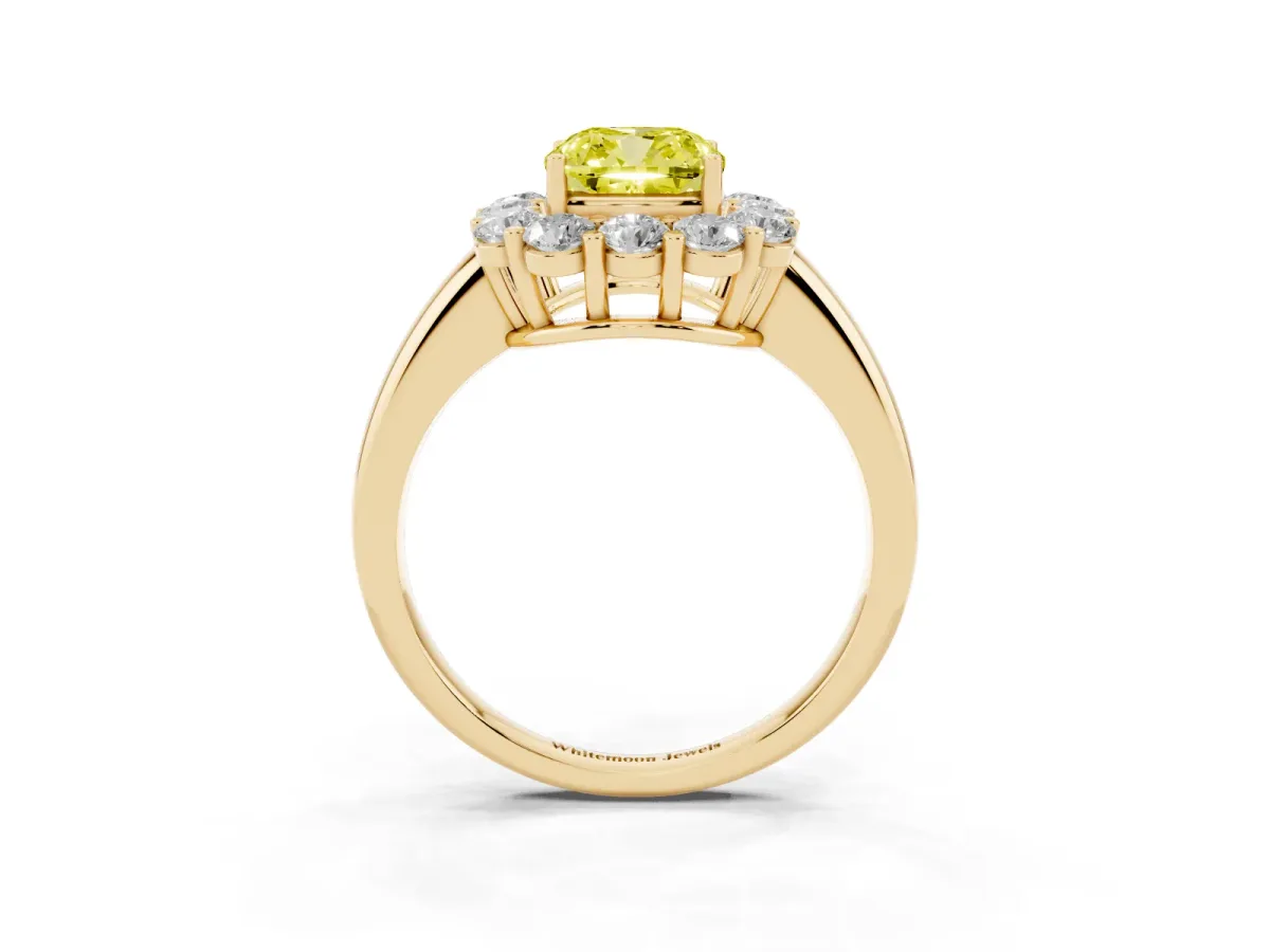 Fancy Yellow Cushion Cut Halo Cluster Diamond Engagement Ring with Prong Setting and Polished Band Yellow gold