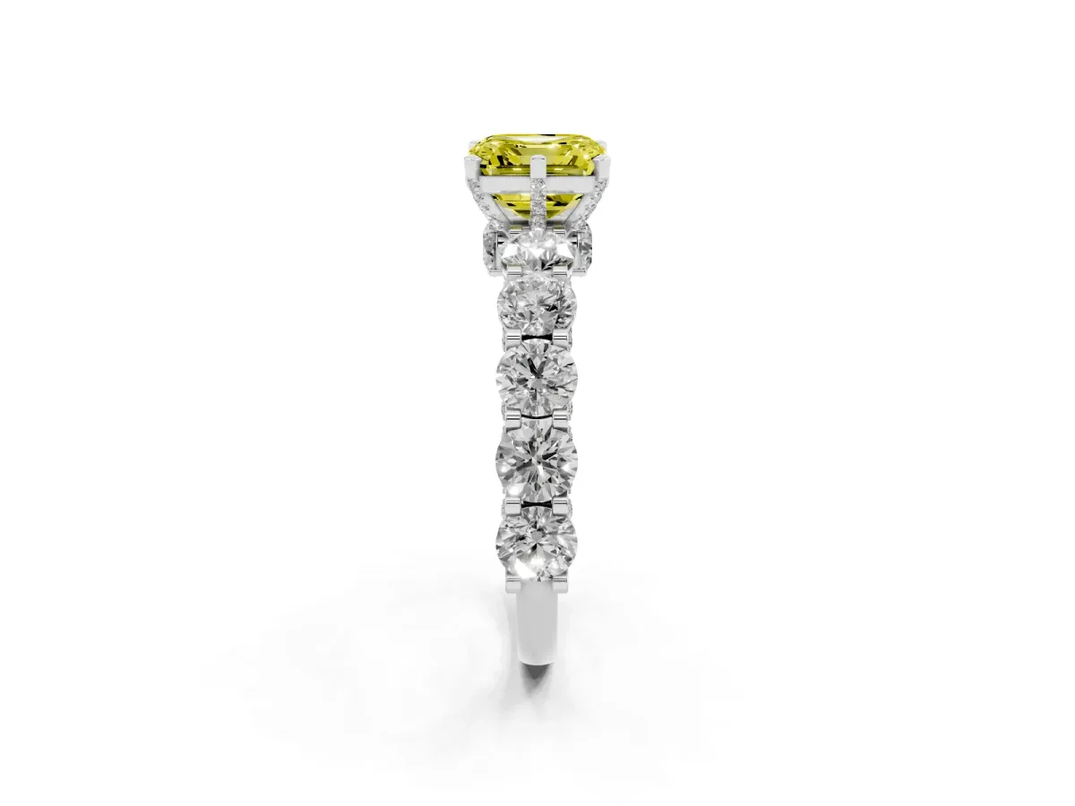 Fancy Yellow Asscher Cut Diamond Side Stone Engagement Ring with Four-Prong Setting White gold