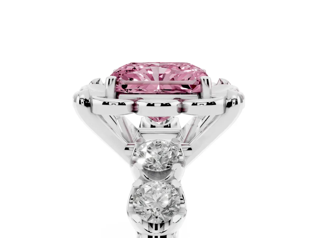 Fancy Pink Radiant Cut Cut Diamond Floral Halo Engagement Ring with Shared Prong Setting Silver