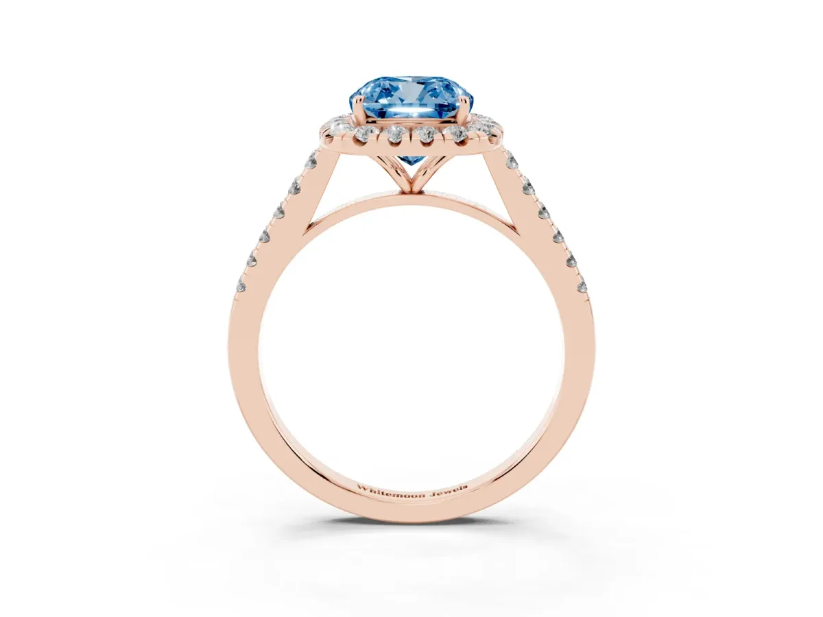 Fancy Blue Cushion Cut Halo Pave Diamond Engagement Ring with Four-Prong Setting Rose gold