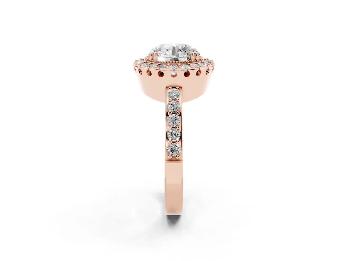 Round Cut Diamond Halo Ring with Pavé Band and Prong Setting Rose gold
