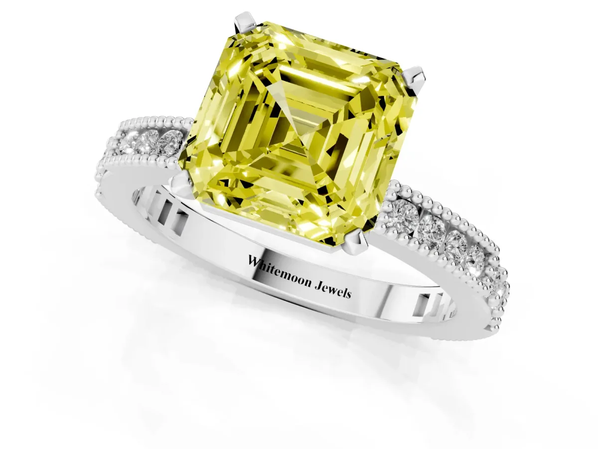Fancy Yellow Asscher Cut Solitaire with Pavé Band and Four-Prong Setting Silver