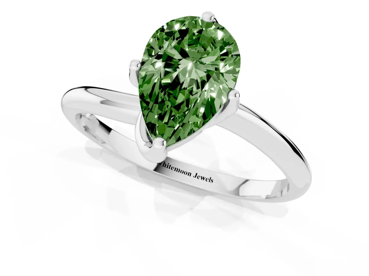 Fancy Green Pear Cut Diamond Solitaire Engagement Ring with Four-Prong Setting and Classic Band White gold