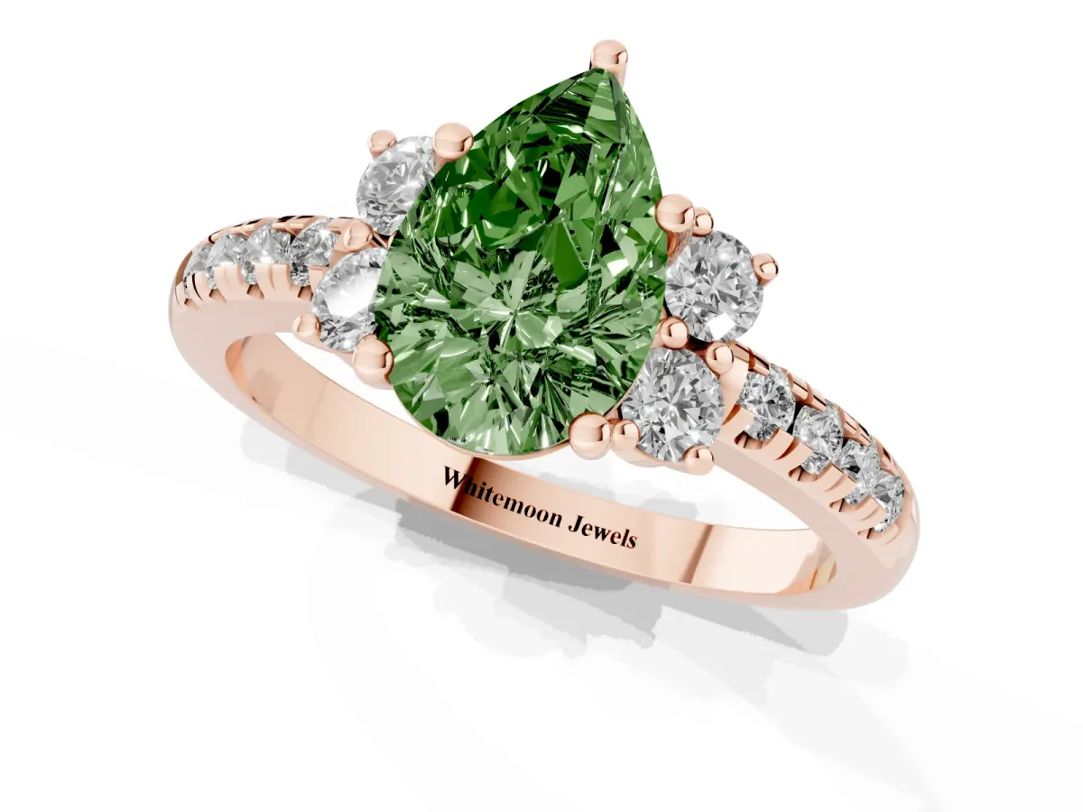 Fancy Green Pear Cut Diamond Three-Stone Pave Band with Four-Prong Setting Rose gold