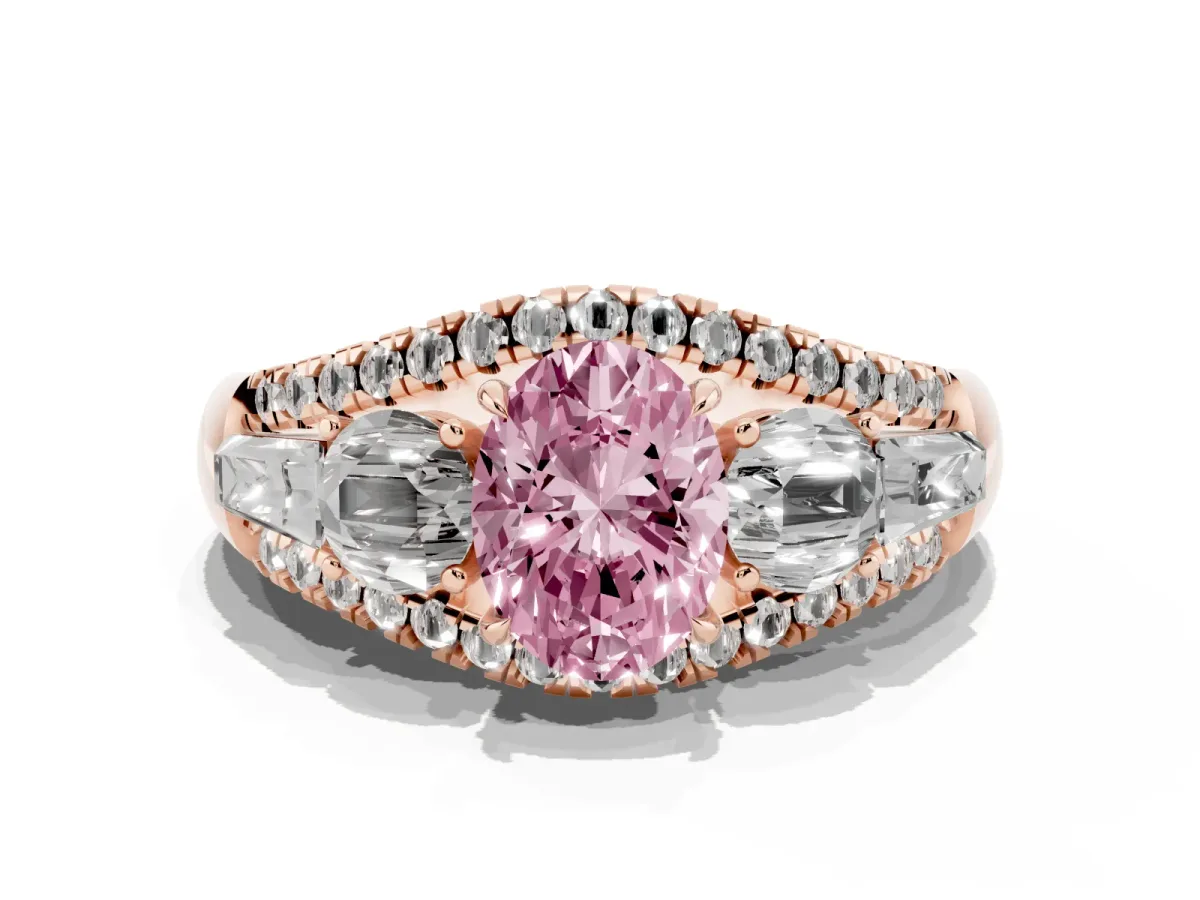 Fancy Pink Three-Stone Oval Cut Diamond Engagement Ring with Pave Band and Prong Setting Rose gold