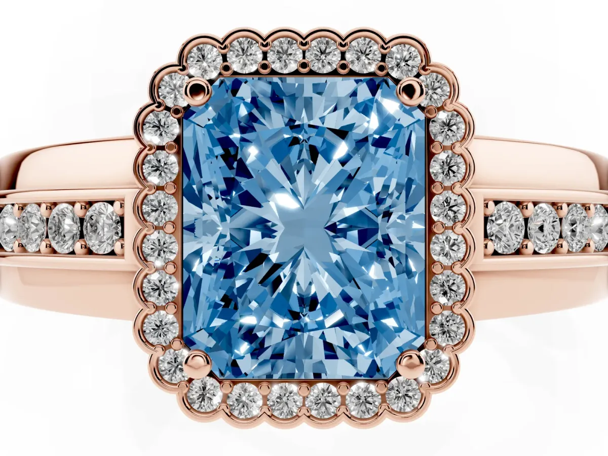 Fancy Blue Radiant Cut Cut Halo Pave Band Four-Prong Ring Rose gold