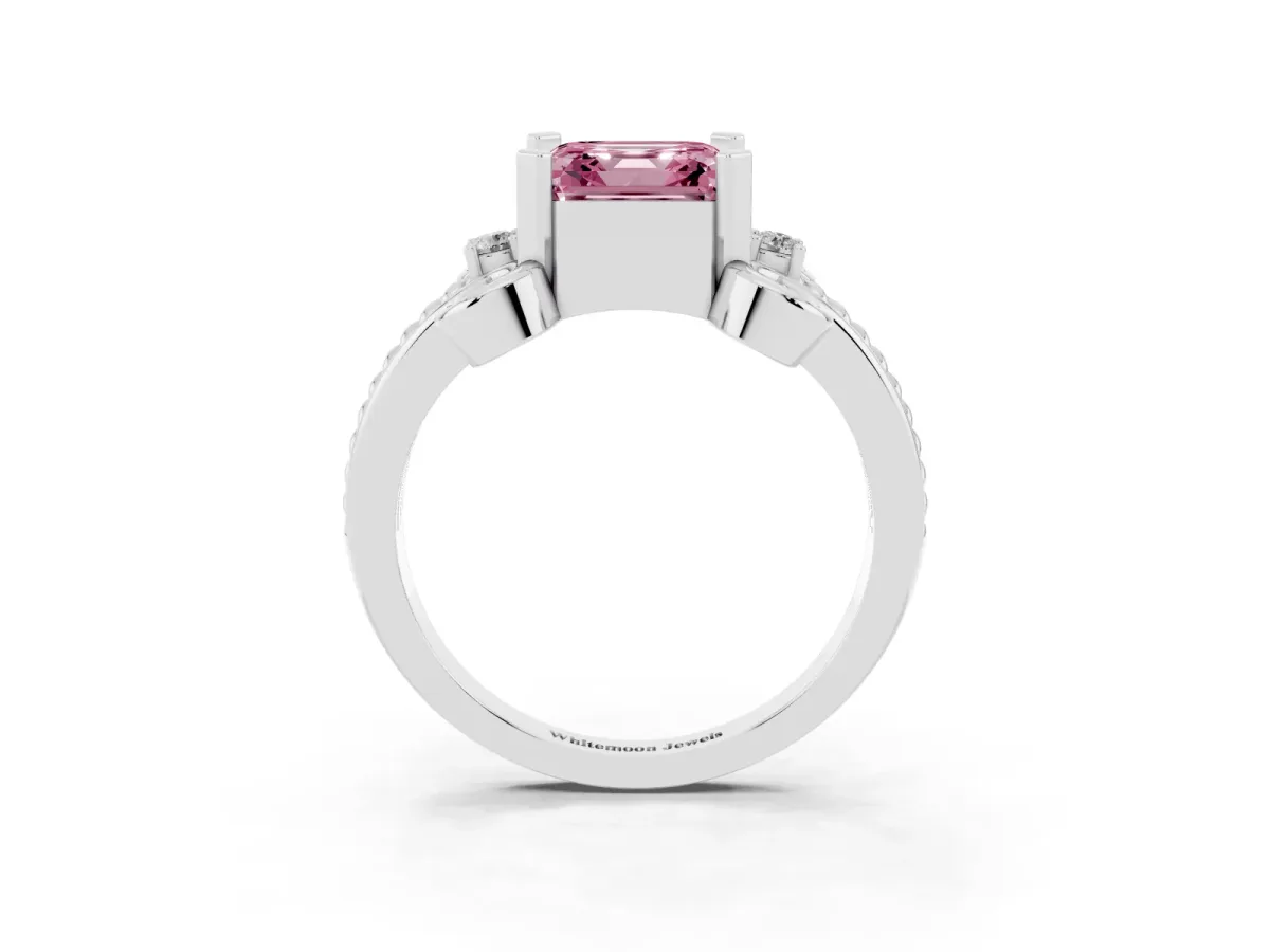 Fancy Pink Asscher Cut Solitaire Twisted Band Scroll Prong Ring White gold