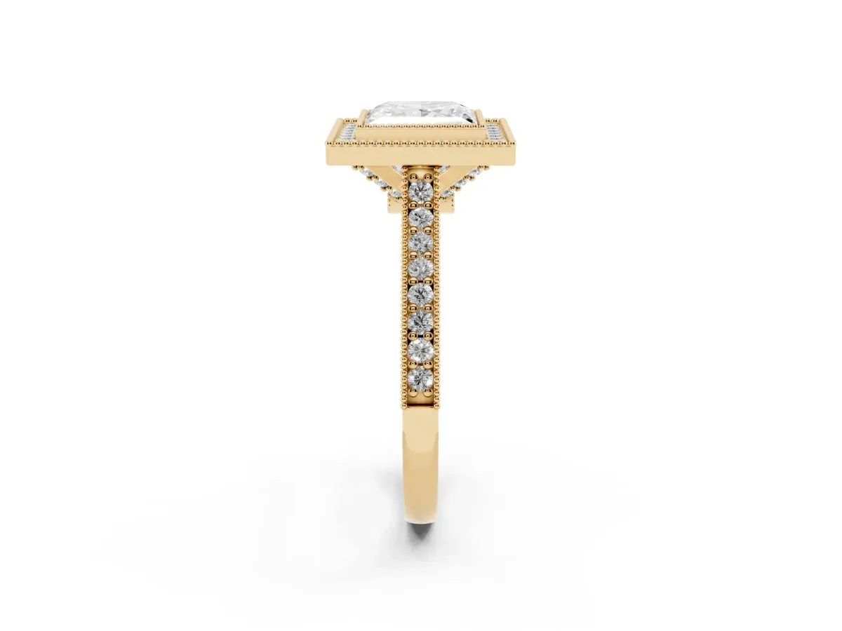 Halo Princess Cut-Cut Diamond Pave Band Milgrain Prong Setting Ring Yellow gold