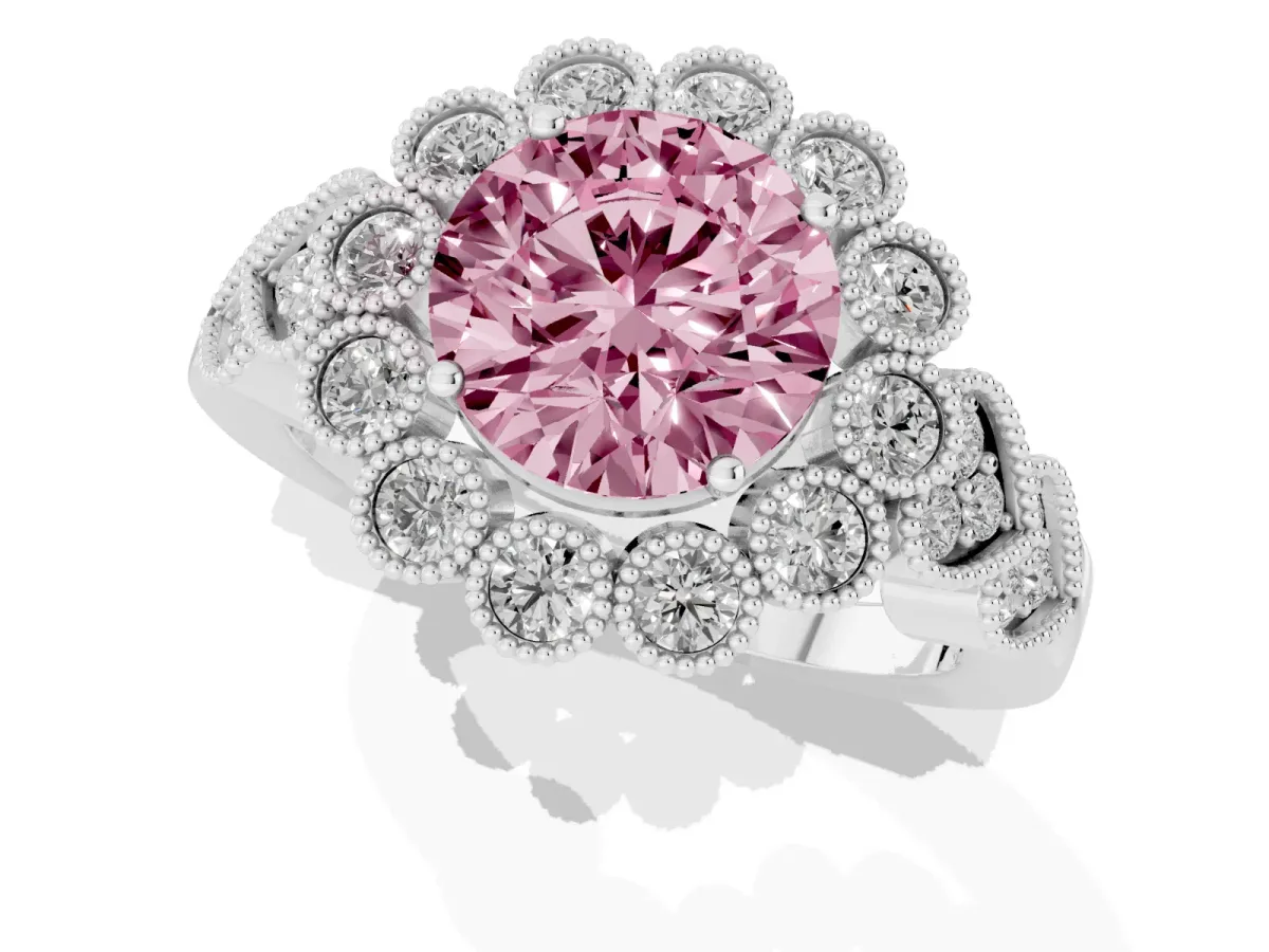 Fancy Pink Round Cut Brilliant Milgrain Pave Heart Band Solitaire Ring Platinum