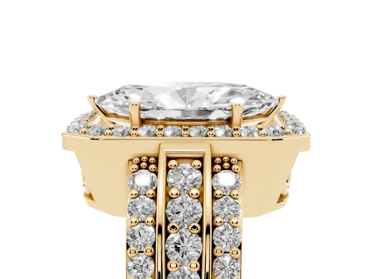 Marquise Cut Halo Diamond Ring with Round Split Shank and Prong Setting Yellow gold
