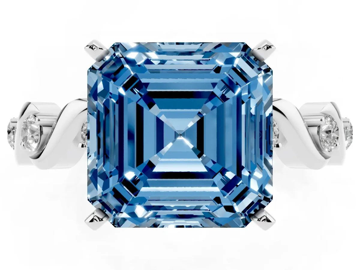 Fancy Blue Asscher Cut Diamond Solitaire Twisted Band with Round Accents and Prong Setting White gold