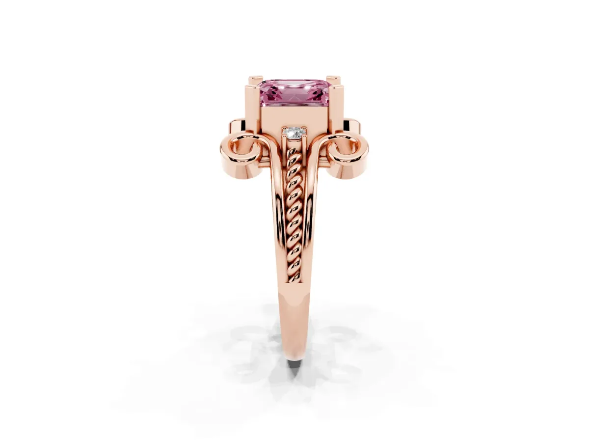 Fancy Pink Asscher Cut Solitaire Twisted Band Scroll Prong Ring Rose gold