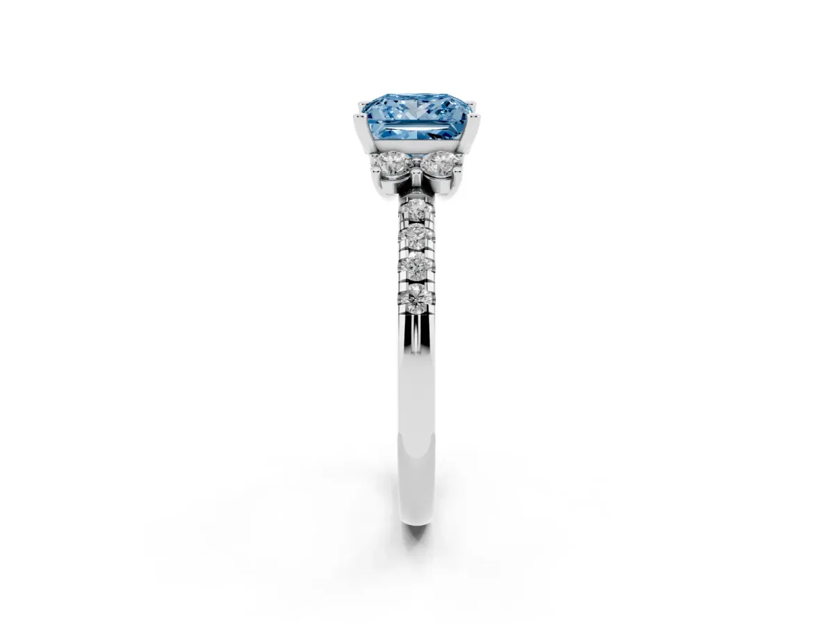 Fancy Blue Princess Cut Diamond Three-Stone Pave Band with Four-Prong Setting Silver