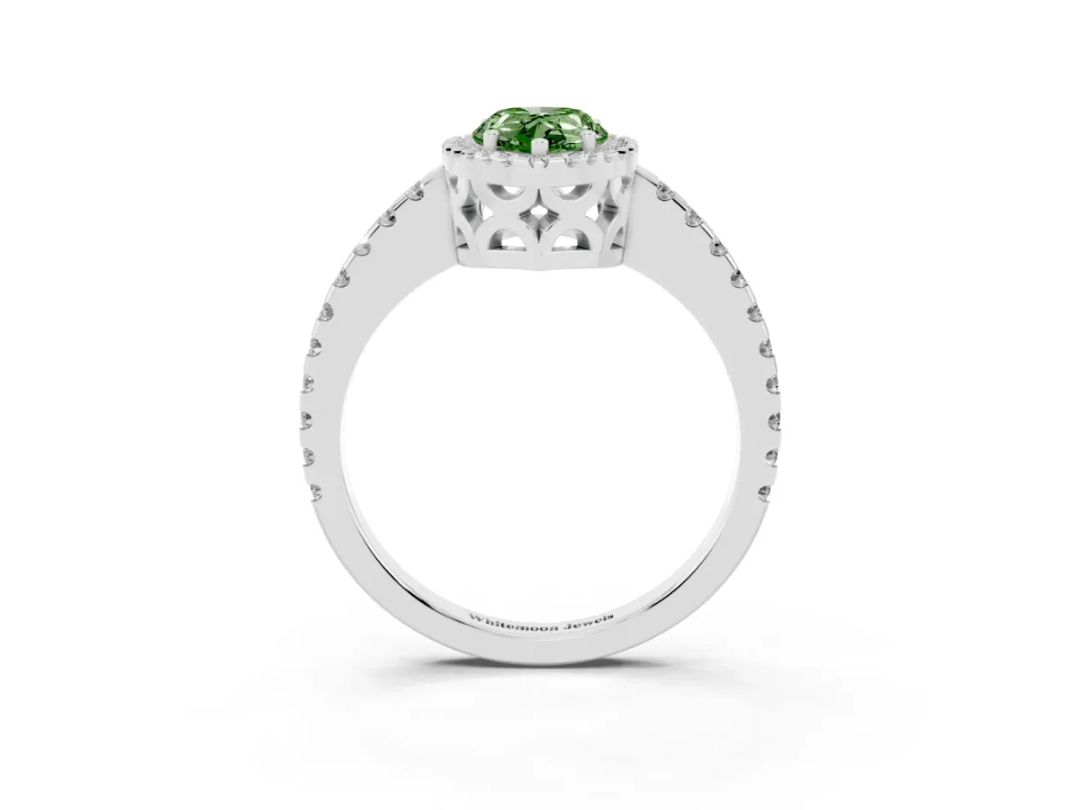 Fancy Green Pear Cut Diamond Halo Engagement Ring with Pavé Band and Prong Setting Silver