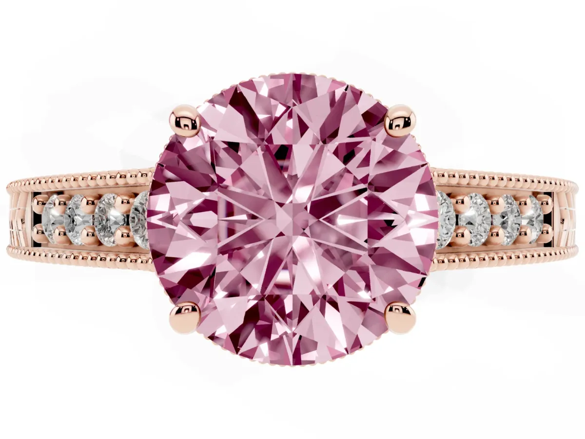 Fancy Pink Round Cut Solitaire Pavé Diamond Milgrain Engagement Ring with Four-Prong Setting Rose gold