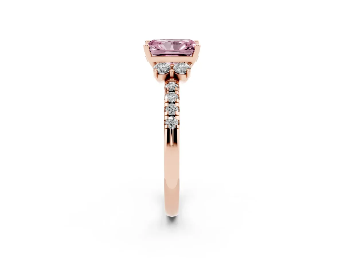 Fancy Pink Radiant Cut Diamond Three-Stone Pave Band with Four-Prong Setting Rose gold