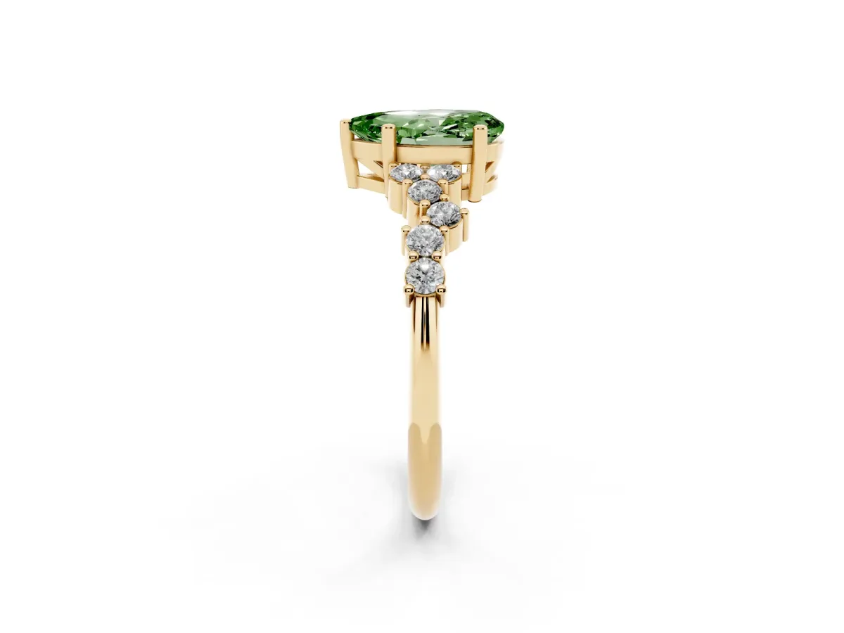 Fancy Green Pear Cut Diamond Scattered Round Accent Ring with Prong Setting Yellow gold