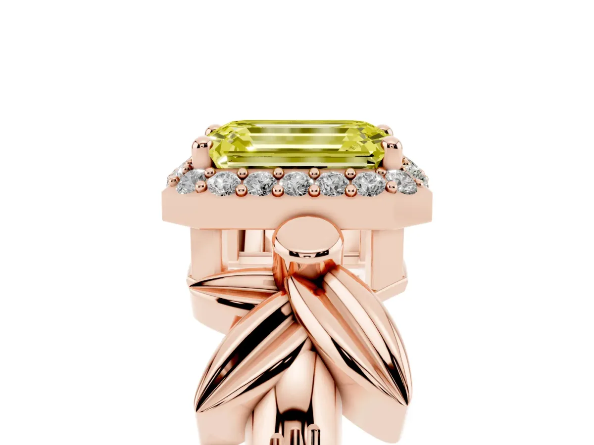 Fancy Yellow Emerald Cut Halo Diamond Floral Band with Four-Prong Setting Rose gold
