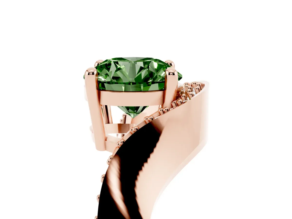 Fancy Green Round Cut Solitaire Diamond Engagement Ring with Pave Band and Four-Prong Setting Rose gold