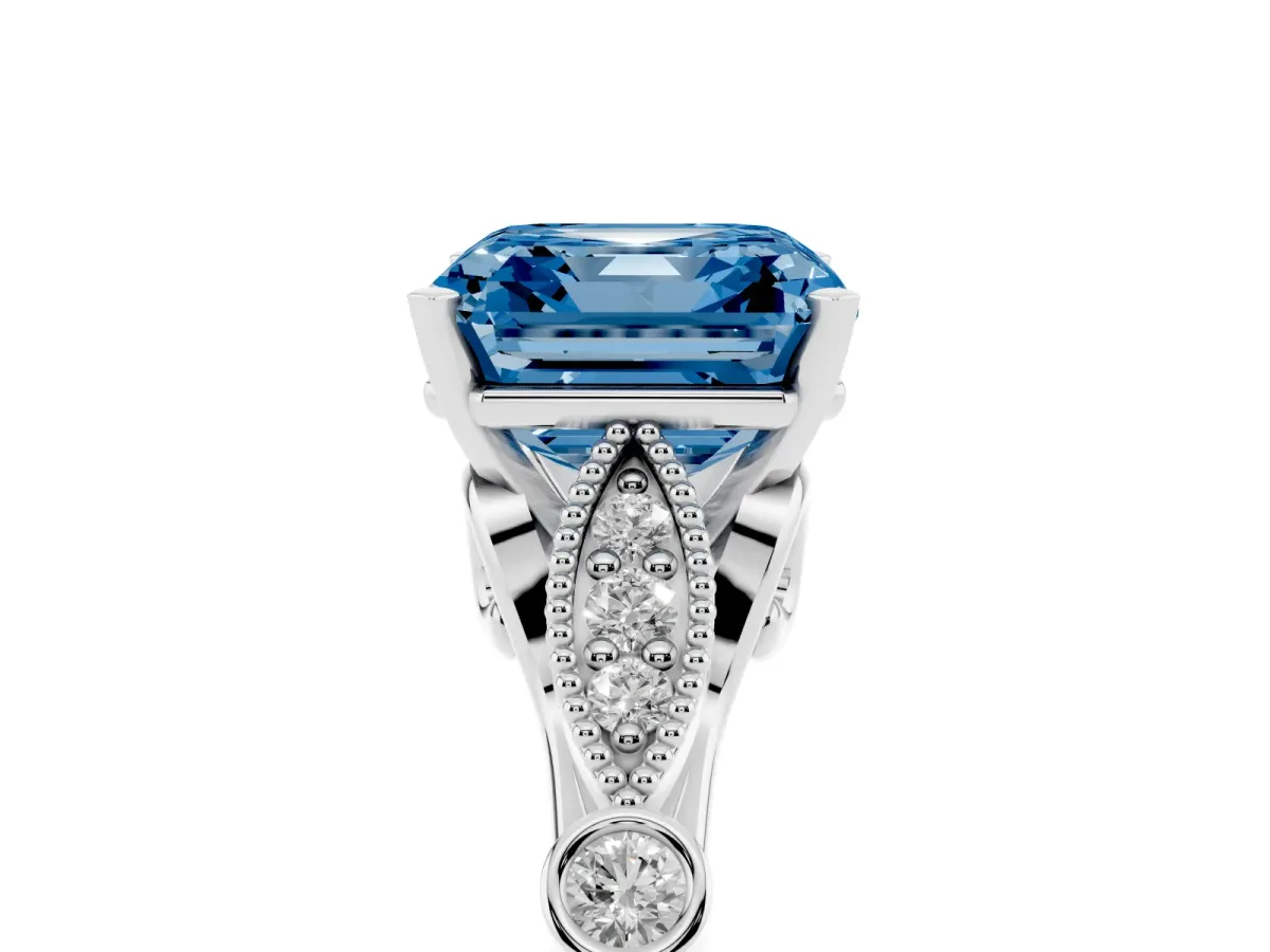 Fancy Blue Asscher Cut Cut Diamond with Milgrain Marquise and Bezel Accents on a Solitaire Band with Prong Setting Silver