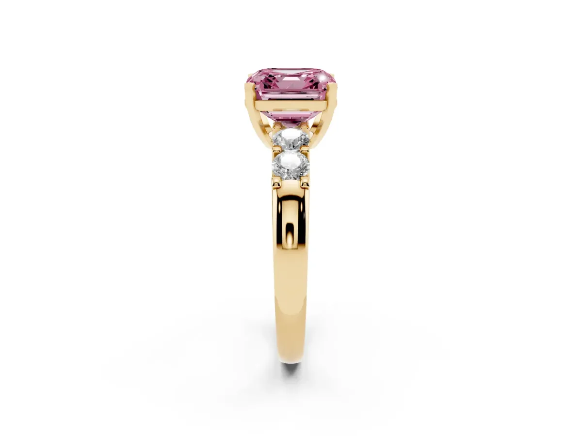 Fancy Pink Asscher Cut Brilliant Cut Diamond Five-Stone Prong Set Engagement Ring with Channel Band Yellow gold