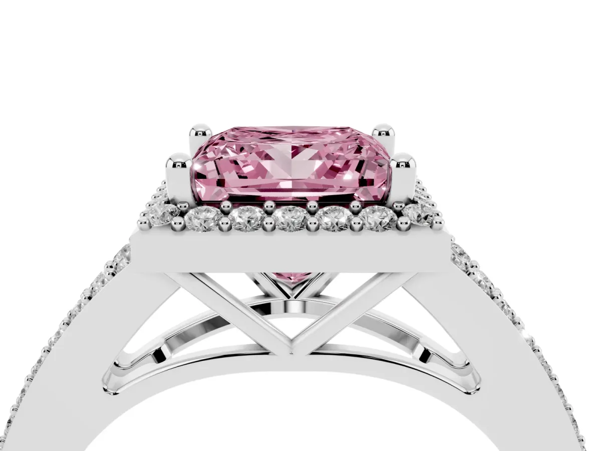 Fancy Pink Princess Cut Halo Split Shank Diamond Ring with Prong Setting Silver