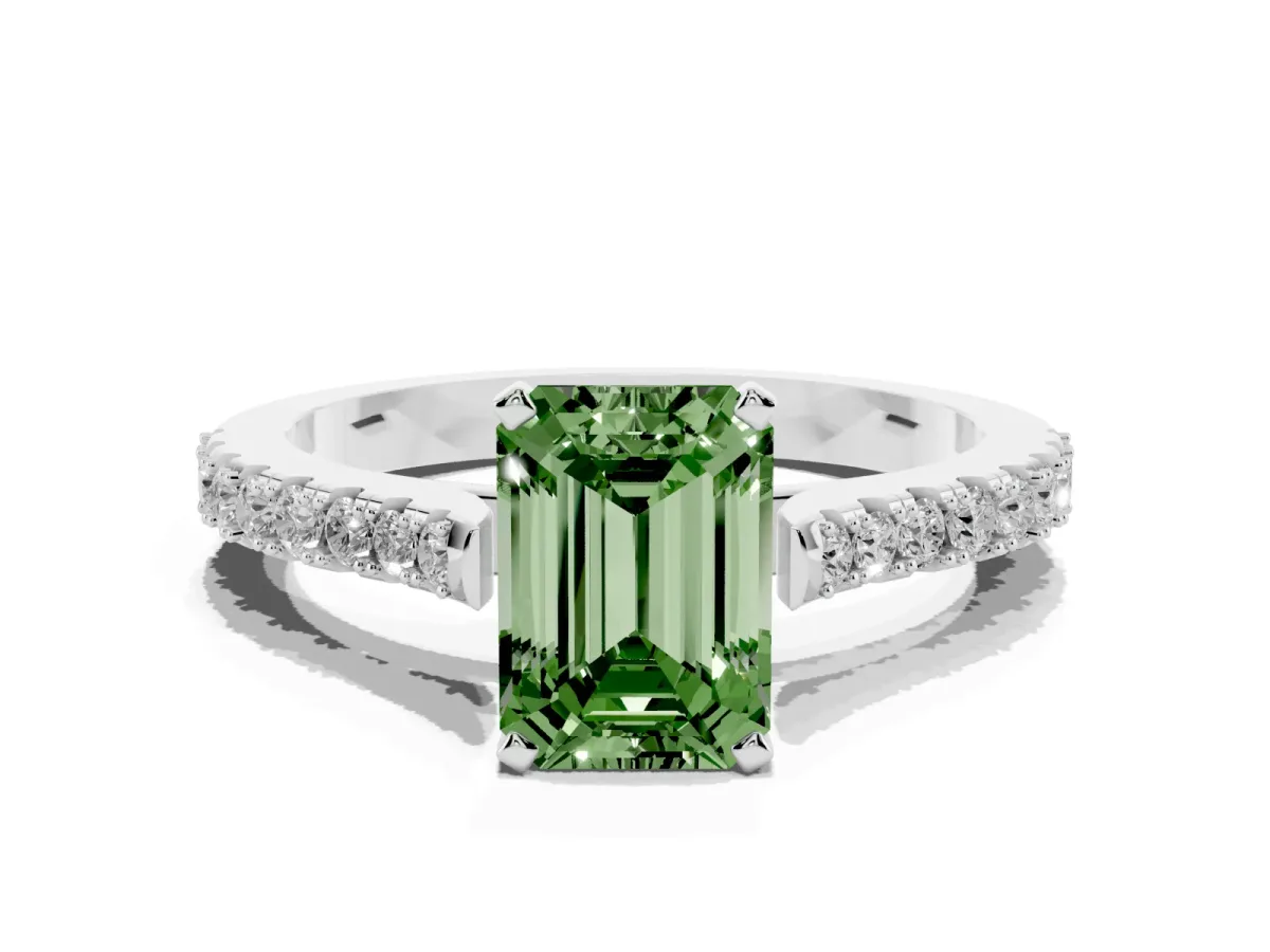 Fancy Green Emerald Cut Cut Solitaire Diamond Engagement Ring with Pave Band and Four-Prong Setting Platinum
