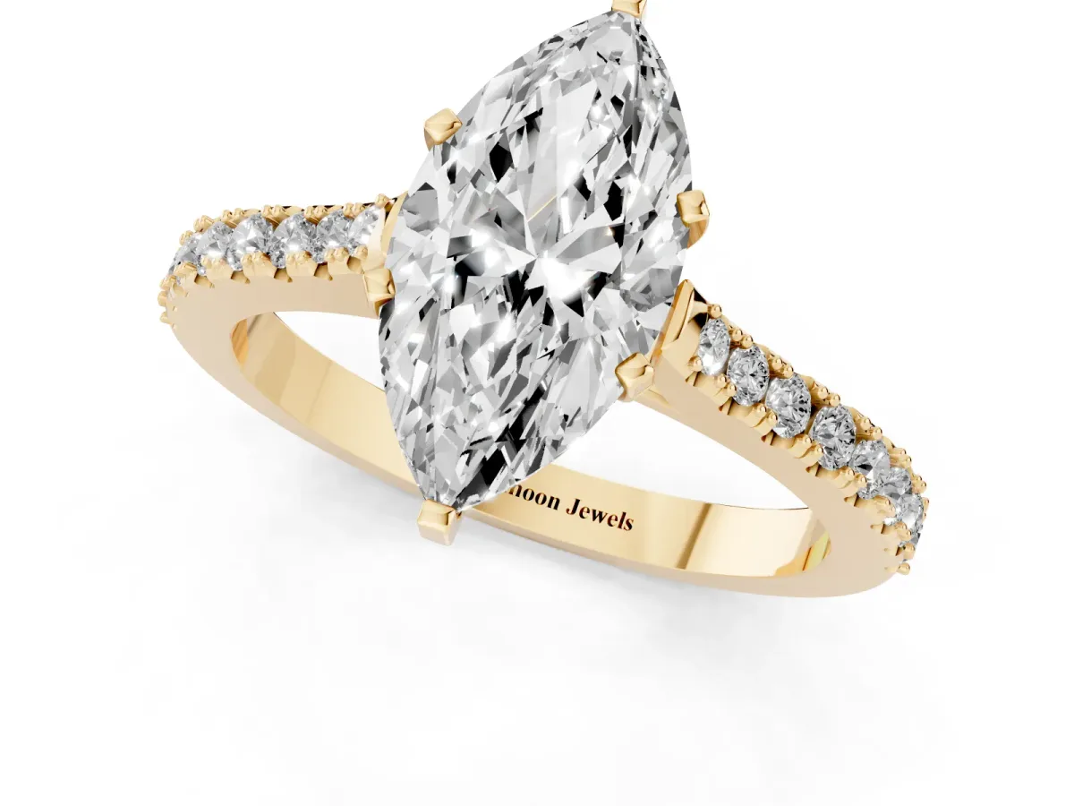 Marquise Cut Cut Solitaire Diamond Engagement Ring with Pave Band and Four-Prong Setting Yellow gold