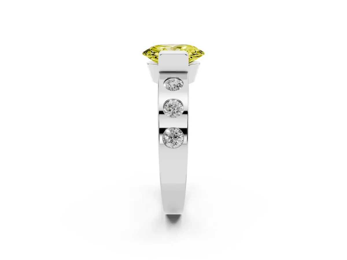 Fancy Yellow Oval Cut Brilliant Channel-Set Diamond Ring with Bezel Prong Setting Silver