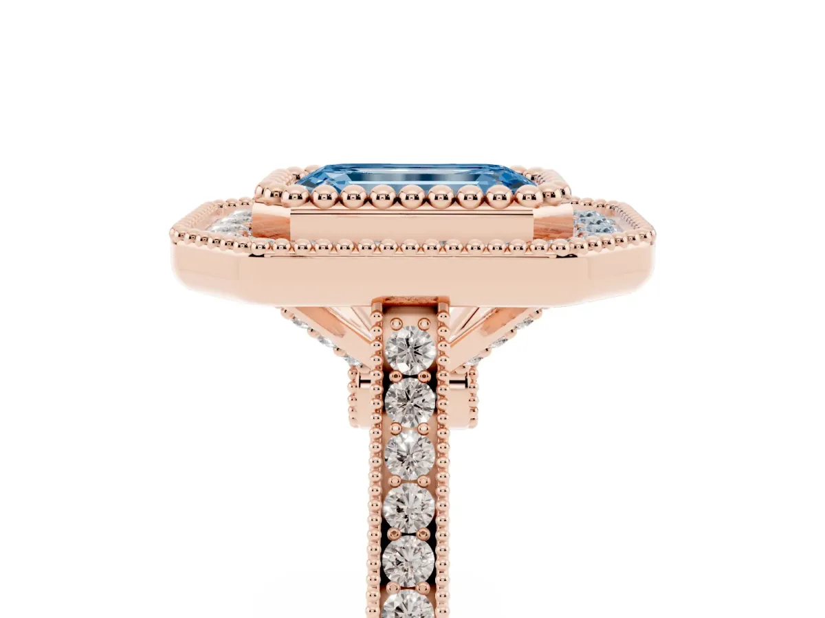 Fancy Blue Emerald Cut Diamond Halo Ring with Milgrain Frame and Pavé Band Rose gold