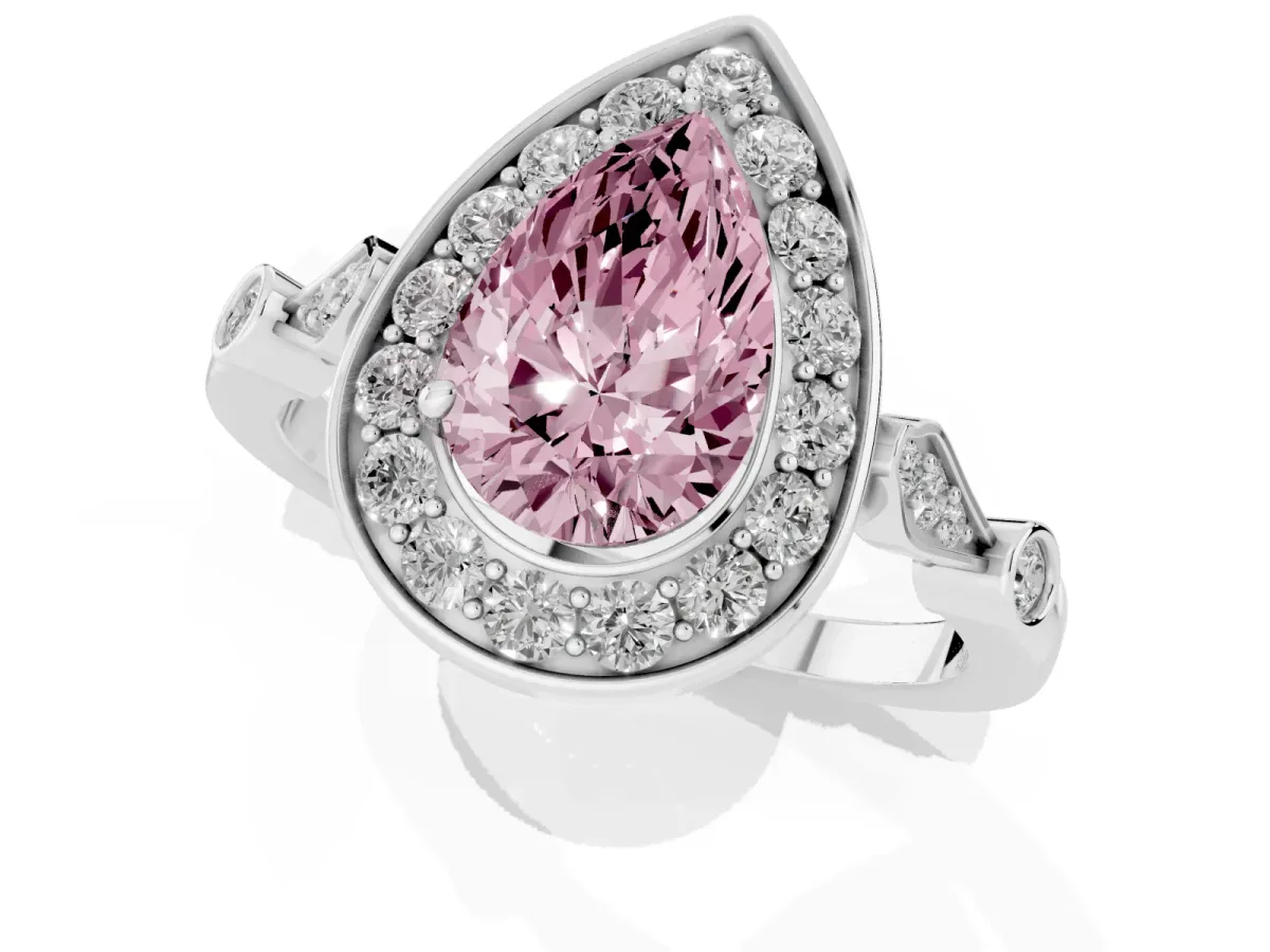 Fancy Pink Pear Cut Halo Diamond Engagement Ring with Twisted Band and Four-Prong Setting Silver