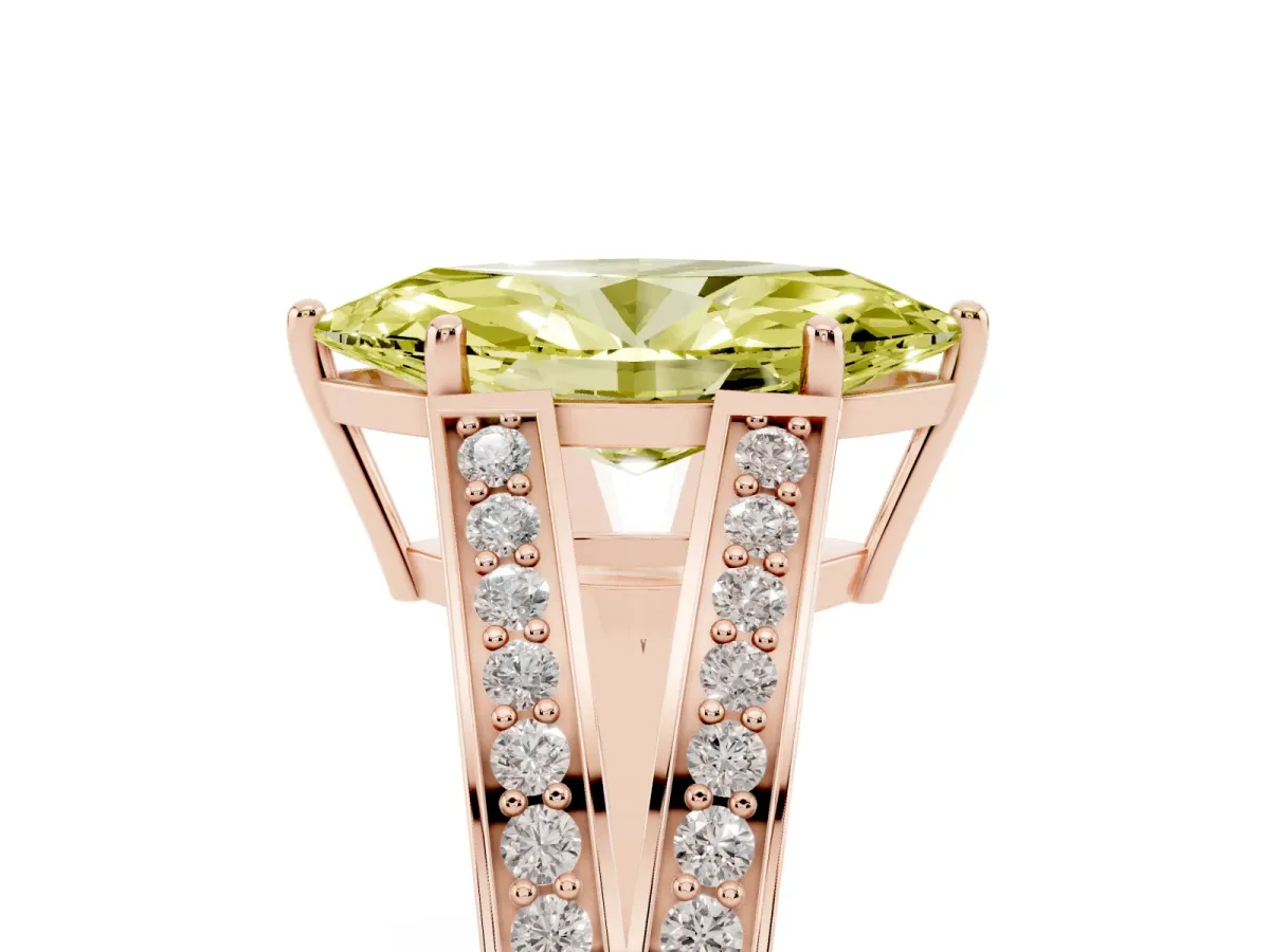Fancy Yellow Marquise Cut Diamond Split Shank Ring with Pavé Band and Four-Prong Setting Rose gold