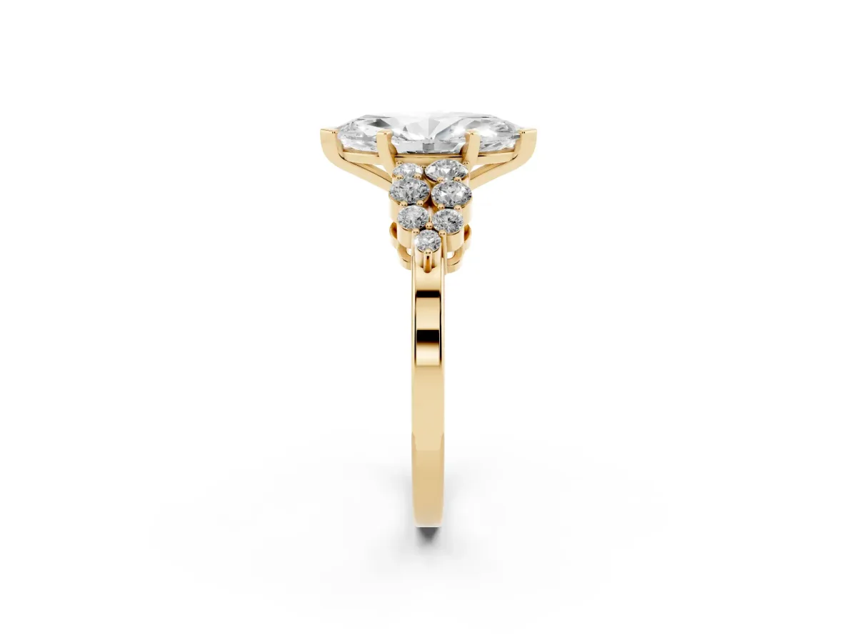 Marquise Cut Cluster Diamond Engagement Ring with Pavé Band and Four-Prong Setting Yellow gold